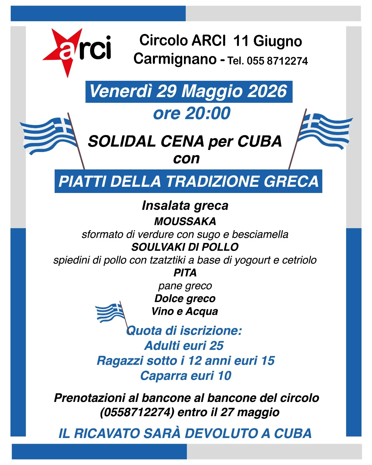11 giugno cena per cuba 29 maggio
